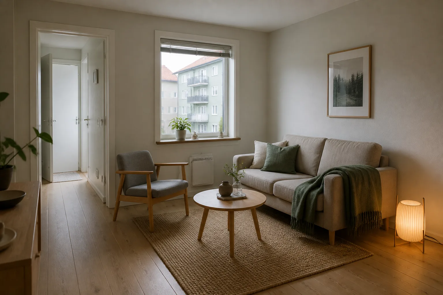 AI-generert redaksjonelt konsept av en kompakt norsk stue med synlig vindu, døråpning, gulvlinjer, liten sofa, stol og fri ganglinje