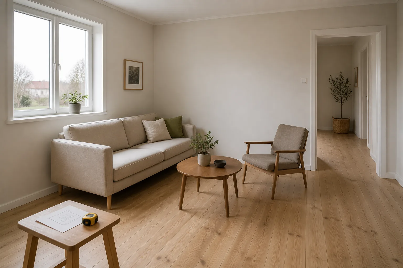 AI-generert redaksjonelt konsept av en norsk stue med sofa, stol, bord, fri passasje til døren og et målebånd på en krakk